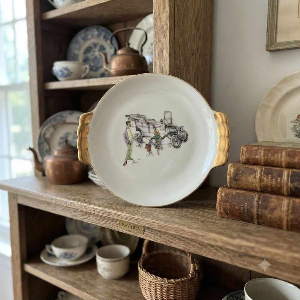 Vintage Bavaria Porcelain Serving Dish Gold Trim Whimsical Car Illustration Rare